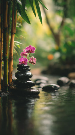 Still water reflects vibrant orchids growing on stacked stones beside a stream, surrounded by lush greenery. This peaceful setting invites relaxation and tranquility.の素材