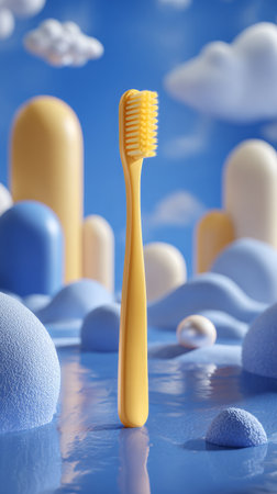 A yellow toothbrush sits among white oval shapes and glossy spheres on a vibrant blue surface, reflecting a playful and artistic scene. The arrangement creates an imaginative composition..の素材