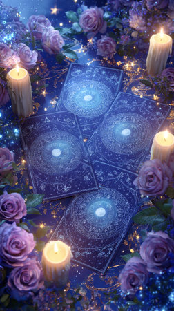 Four tarot cards are placed in a circular arrangement, illuminated by candles and surrounded by delicate roses. A starry background enhances the enchanting atmosphere of the scene.の素材