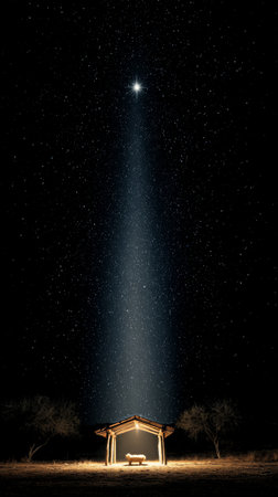 A bright star shines down on a modest structure in a quiet setting. The night sky is filled with countless stars, creating a tranquil atmosphere.の素材