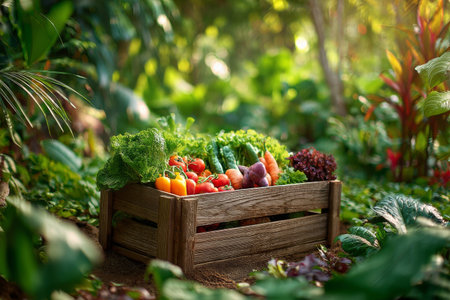 A wooden crate filled with colorful vegetables sits on the ground, surrounded by lush green plants and sunlight filtering through the leaves.の素材
