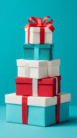 Brightly colored gift boxes with red and white ribbons are stacked neatly against a turquoise background, perfect for festive celebrations or special occasions..の素材