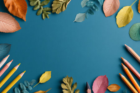 Various colored leaves and pencils are arranged around a blue surface, showcasing a creative scene that highlights autumn colors and artistic tools for crafting.の素材