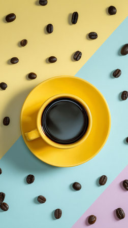 A vibrant yellow cup filled with black coffee sits on a divided pink and yellow surface. Coffee beans are scattered around, adding to the cozy atmosphere..の素材