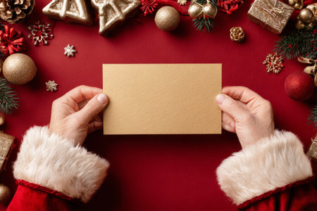 Hands in a fluffy white sweater hold a blank card amidst Christmas ornaments, gifts, and decorations on a vibrant red surface, capturing the holiday spirit and joy..の素材