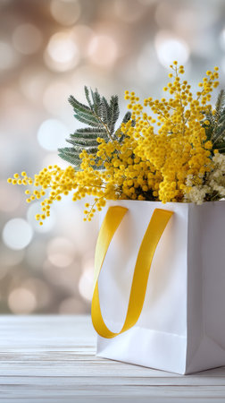 Bright yellow flowers with greenery are arranged in a white bag, resting on a wooden table. The background features soft bokeh lights, enhancing the cheerful mood.の素材