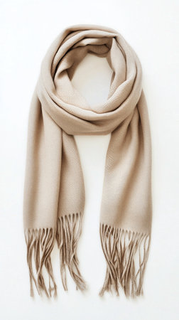 This soft beige scarf features fringes, perfect for keeping warm during cold days or enhancing an outfit with a trendy touch.の素材