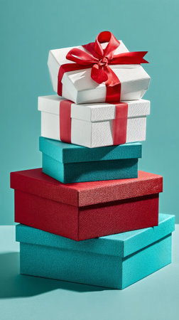 Brightly colored gift boxes with red and white ribbons are stacked neatly against turquoise background, perfect for festive celebrations or special occasions..の素材