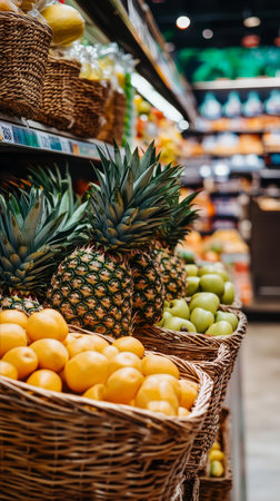 Baskets of fresh fruits are neatly arranged in a market. Pineapples, apples, lemons, and limes create a colorful scene. Shoppers explore the abundance of choices around them..の素材