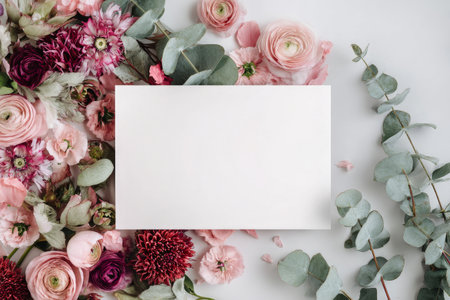 Floral note card featuring vibrant red and pink flowers alongside eucalyptus leaves. The design highlights the beauty of nature and offers a blank space for personal messages..の素材