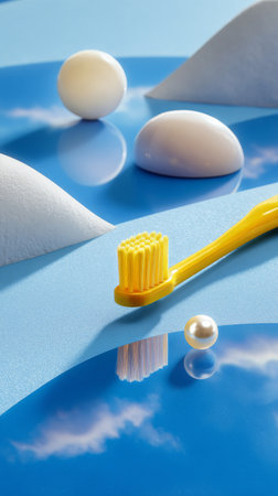 A yellow toothbrush sits among white oval shapes and glossy spheres on a vibrant blue surface, reflecting a playful and artistic scene. The arrangement creates an imaginative composition.の素材
