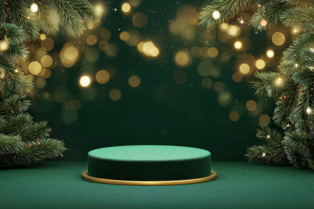A green platform sits in the center, framed by lush Christmas tree branches and shimmering lights, creating a warm holiday atmosphere perfect for festive celebrations.の素材