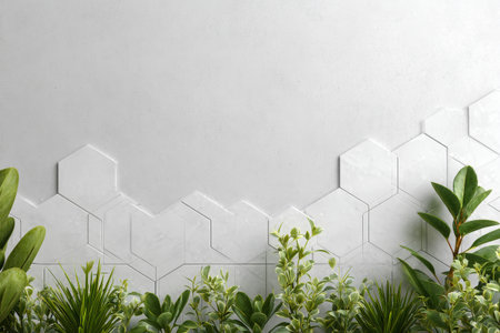 Lush green plants and white flowers are artistically arranged at the base of a light tile wall with a hexagon design. Natural light enhances the vibrant colors of the plants..の素材