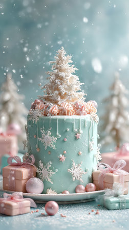 A beautiful holiday cake features a delicate icing tree and snowflakes on its sides. It is surrounded by pastel-colored gifts in a festive setting with falling snow.の素材