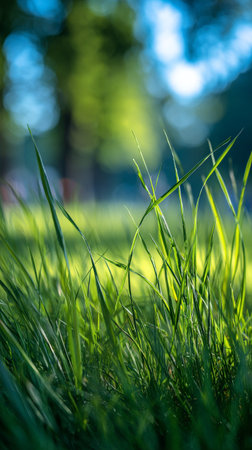 Fresh blades of grass capture sunlight, filling the park with vibrant green hues. A tranquil scene invites visitors to relax and enjoy natures beauty on a sunny day..の素材