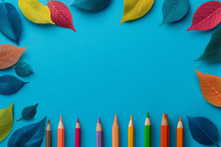 Various colored leaves and pencils are arranged around a blue surface, showcasing a creative scene that highlights autumn colors and artistic tools for crafting..の素材