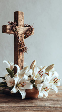 A wooden cross, adorned with thorns, stands gracefully with white lilies arranged at its base. The soft light highlights the flowers and cross, evoking a serene atmosphere.の素材