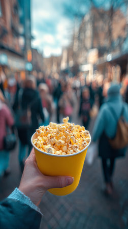 A person holds a bright yellow cup of popcorn while strolling through a crowded street market. People are enjoying the lively atmosphere filled with shops and vendors.の素材