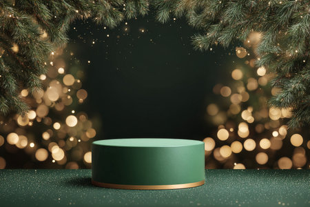 A green platform sits in the center, framed by lush Christmas tree branches and shimmering lights, creating a warm holiday atmosphere perfect for festive celebrations..の素材