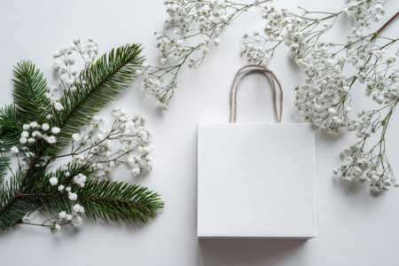 A simple white gift bag with a brown handle sits on a light background. Lush green leaves and small flowers frame the bag, creating a fresh and elegant scene..の素材