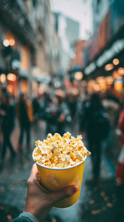 A person holds a bright yellow cup of popcorn while strolling through a crowded street market. People are enjoying the lively atmosphere filled with shops and vendors..の素材