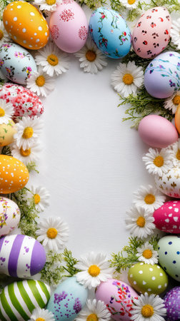 Brightly decorated Easter eggs are placed in a circular arrangement with daisies around them, creating a festive atmosphere for springtime festivities..の素材