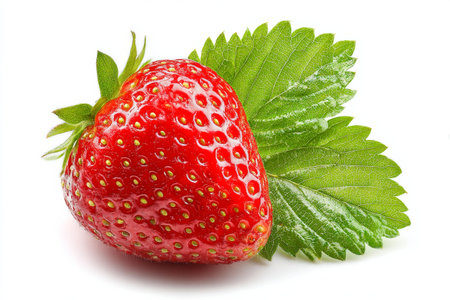 A vibrant red strawberry rests on fresh green leaves, showing its shiny surface and natural texture. This close-up captures the details of the fruit and foliage beautifully.の素材