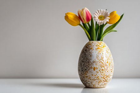 Colorful tulips and daisies in a beautifully designed vase stand on a clean surface, creating a cheerful atmosphere ideal for spring decor or celebration.の素材
