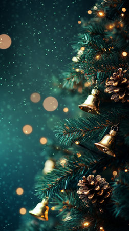 A beautiful Christmas tree is adorned with gold bells and pinecones sparkling with lights. Soft snowflakes fall gently, creating a festive and cozy atmosphere during the holiday season.の素材