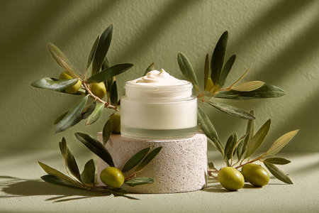 A cream jar sits atop a stone pedestal surrounded by fresh olive leaves and olives, illuminated by soft natural light creating calming shadows..の素材