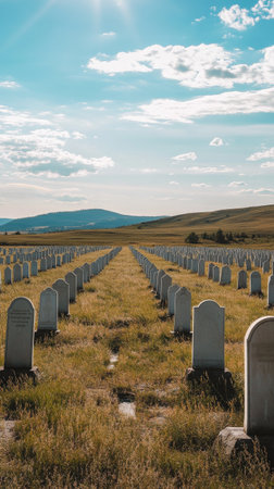 A long, grassy pathway lined with white gravestones stretches under a clear blue sky. The sun shines brightly, creating a serene atmosphere in the cemetery..の素材