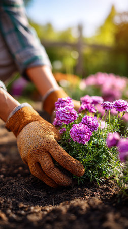 A gardener with gloves carefully plants purple flowers into the soil of a vibrant garden. The warm sunlight enhances the colors of the flowers and surrounding greenery..の素材