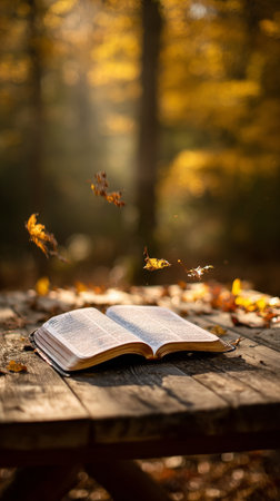 An open book lays on a rustic wooden table, with colorful autumn leaves swirling gently around it. Soft sunlight filters through the trees, creating a serene atmosphere.の素材