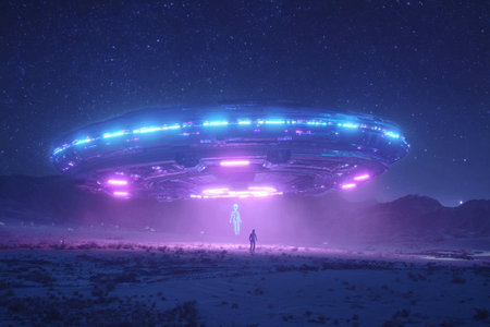 A glowing UFO with bright lights hovers over a rocky desert terrain at night. A figure stands below, gazing at the mysterious craft under a shimmering star-filled sky.の素材