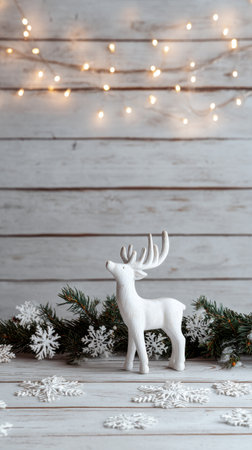 A white reindeer figurine stands on a wooden surface surrounded by snowflake decorations and green branches, with soft fairy lights in the background creating a warm winter atmosphere.の素材