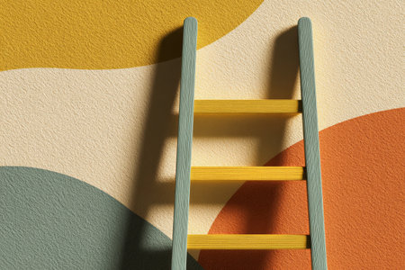 A ladder leans against a vibrant wall featuring abstract shapes in soft colors, creating a bright and inviting atmosphere for creativity and inspiration.の素材