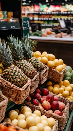 Baskets of fresh fruits are neatly arranged in a market. Pineapples, apples, lemons, and limes create a colorful scene. Shoppers explore the abundance of choices around them.の素材