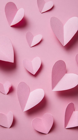 Various shades of pink paper hearts are playfully arranged on a soft pink background, creating a cheerful and festive vibe perfect for celebrations or crafts.の素材
