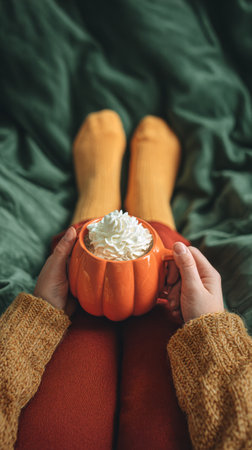 Warm hands cradle a pumpkin mug filled with creamy drink topped with whipped cream, while cozy socks rest on a warm blanket. Perfect for autumn relaxation.の素材