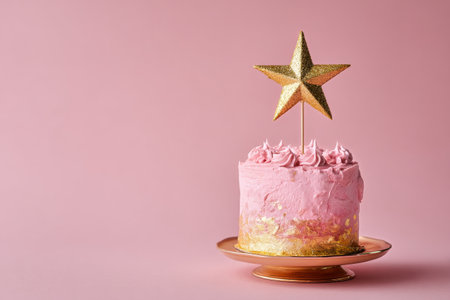 A pink cake with swirls of frosting and a glittering gold star on top stands on a gold cake stand. The background is soft pink, adding to the celebratory mood..の素材