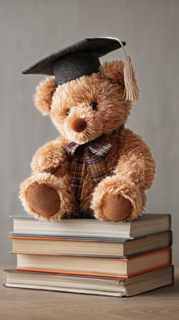 A cute teddy bear wearing a graduation cap sits proudly on a pile of books. The warm colors and soft textures create a charming, celebratory atmosphere..の素材