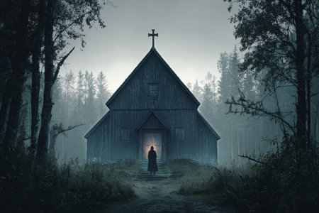 In a foggy forest, a lone figure stands at the entrance of an old wooden church. Tall trees surround the building, creating a serene yet eerie atmosphere during twilight.の素材