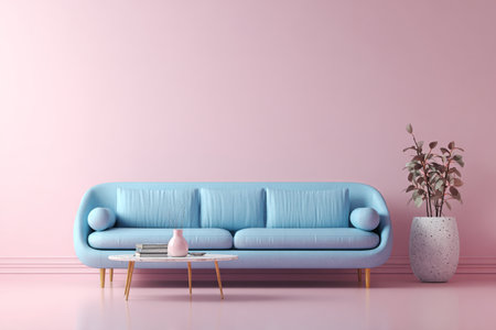 A modern blue sofa sits against a light pink wall in a stylish room. A small table holds decorative items, while a potted plant adds a touch of nature to the space.の素材
