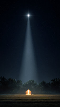 A bright star shines down on a modest structure in a quiet setting. The night sky is filled with countless stars, creating a tranquil atmosphere..の素材