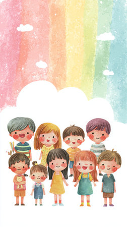 Nine children share smiles under a vibrant rainbow, surrounded by a painted cityscape. The scene captures joy and friendship in a playful atmosphere..の素材
