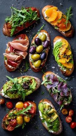 An array of bruschetta features vibrant toppings such as fresh greens, olives, ham, and citrus. Each slice of bread is artistically arranged for a beautiful presentation.の素材