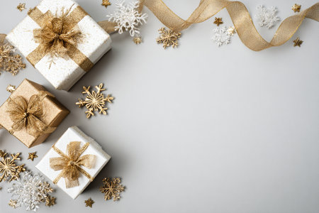 Two neatly wrapped gifts sit beside decorative gold snowflakes and ornaments on a soft background, creating a warm winter atmosphere perfect for holiday festivities..の素材