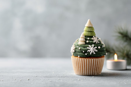 A delightful cupcake designed to look like a Christmas tree sits on a light gray surface. Snowflakes adorn the green frosting, with a candle glowing softly nearby.の素材