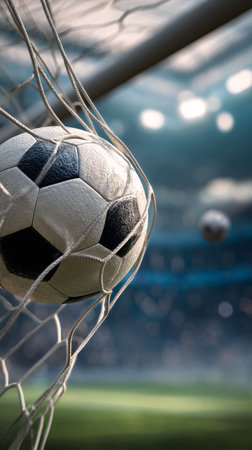 A close-up of a soccer ball caught in the net after a goal during a lively match in a bustling stadium at sunset. Excitement fills the air as fans cheer..の素材