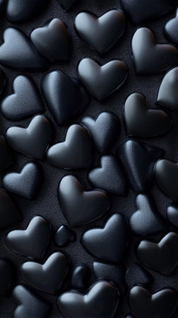 Small black hearts are scattered across a dark surface, forming a rich textured pattern. This design enhances feelings of romance and affection in any setting.の素材